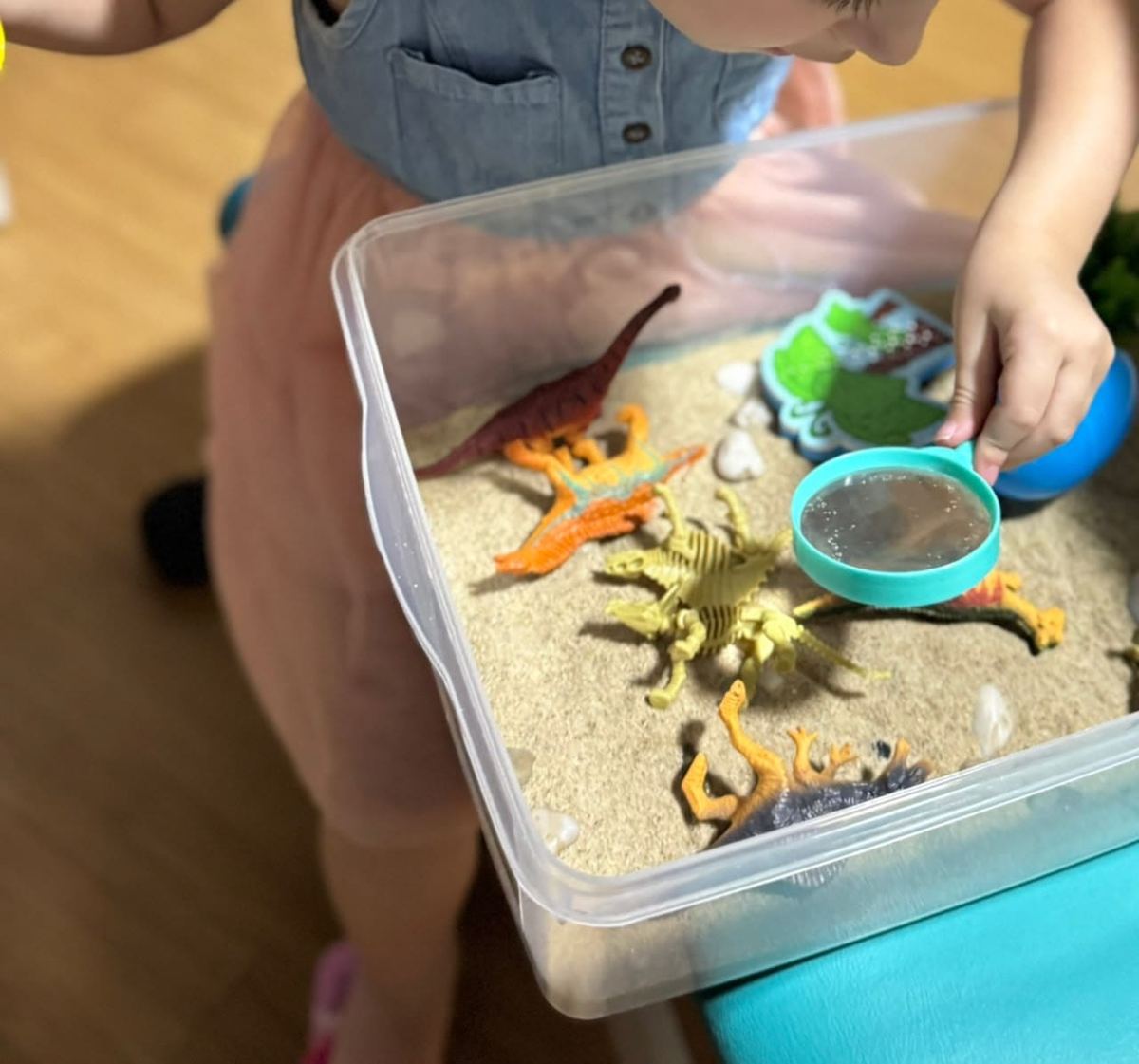 Caixa sensorial com areia, lupa e miniaturas de dinossauros